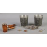 A small quantity of assorted collectables. To include two Mullingar pewter beakers, travel pipe,