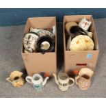 Two boxes of assorted ceramics including jugs, planters, vases, teapots, etc.