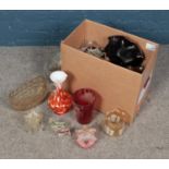 A box of assorted glassware including art glass examples and large quantity of carnival glass.