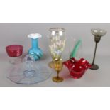A quantity of glassware. Including painted floral vase, etc .
