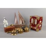 A small collection of assorted items. To include Chinese jewellery cabinet with carved jade coloured