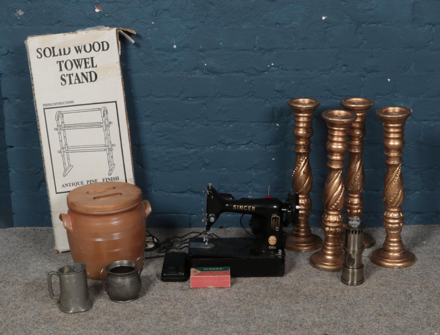 A collection of assorted items, to include Singer 99k sewing machine, stoneware barrel, pine towel