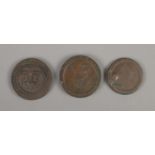 Two Georgian wheel pennies along with a copper token entitled Robt Blake Cotton & Bombazine