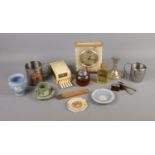 A quantity of collectables including lighters, Luxuria Quartz marble clock, EPNS candlestick,