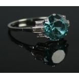 An art deco 18ct White Gold blue zircon and diamond ring. Size MÂ½. Total weight: 2.8g.
