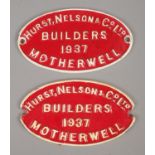 Two Hurst, Nelson and Co. Ltd builders plates for Motherwell. Both plates 19cm x 11cm. Has been