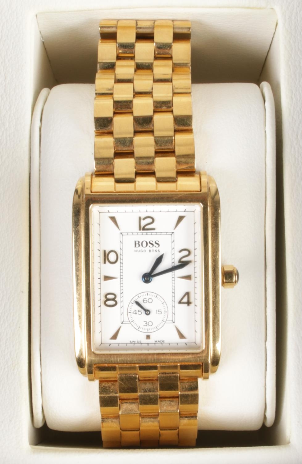 A boxed Gents Hugo Boss quartz wristwatch, on gold coloured strap, with second dial. Back plate - Image 3 of 3