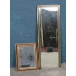 Two gilt framed bevel edge mirrors including long Art Deco style example. Approx. dimensions 53cm