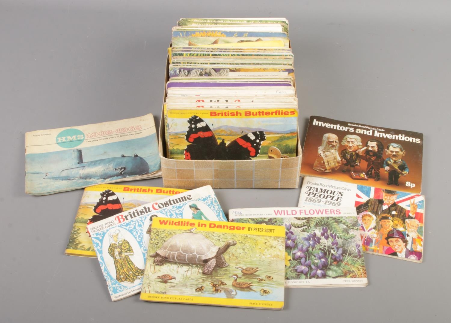 A box of thirty seven tea card albums. Mainly Brooke Bond on various subjects. Mostly full albums.