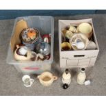 Two boxes of assorted ceramics and glassware including Arthur Wood, two Alabaster table lamps, cut