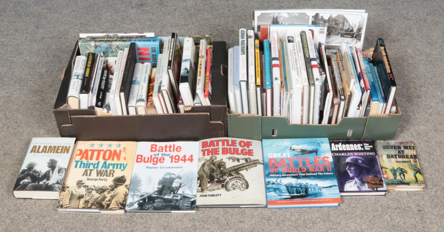 Two boxes containing a large assortment of fiction and non-fiction war books. To include Sheffield