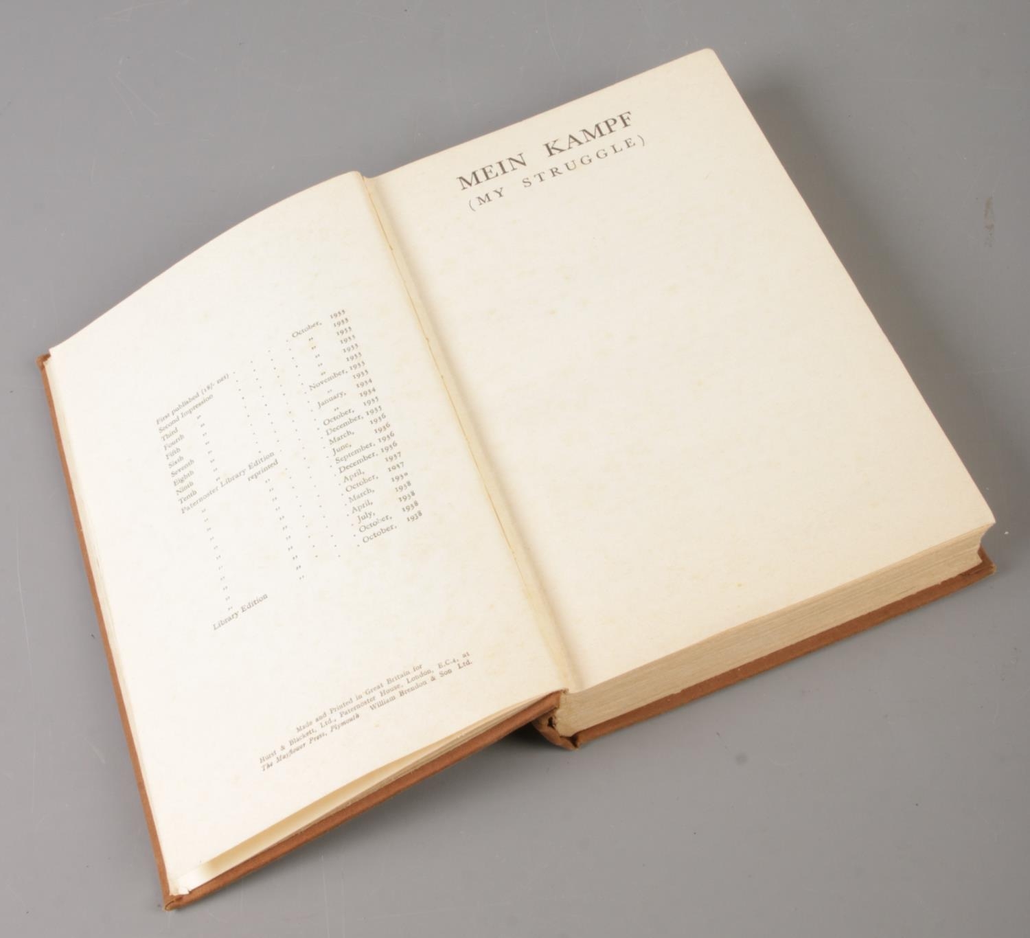 A Library Edition 1938 Hardback copy of Adolf Hitler, My Struggle (Mein Kampf). Fair Condition. - Image 3 of 3