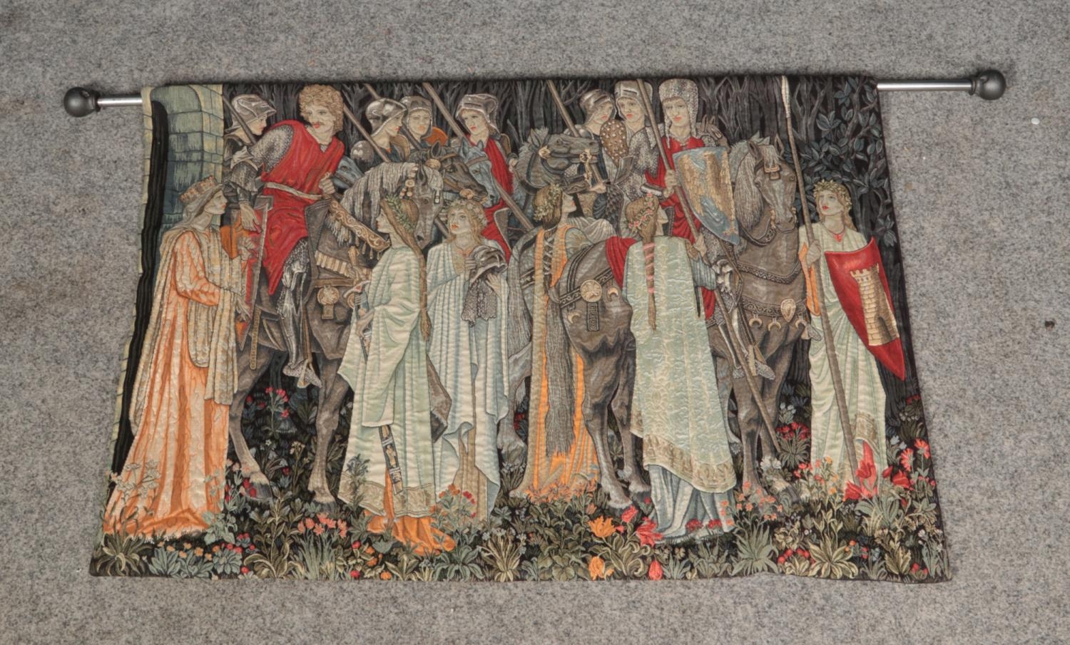 A machine woven tapestry banner depicting medieval knights and maidens. Includes display pole.