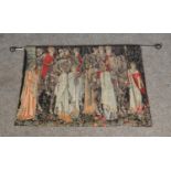 A machine woven tapestry banner depicting medieval knights and maidens. Includes display pole.