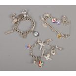 Three silver charm bracelets with mostly silver charms. 110g.