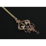 An Edwardian 9ct Gold, Amethyst and Pearl pendant, on 9ct Gold chain. Total weight: 2.3g