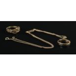 A small collection of 9ct Gold jewellery, to include necklace chain, pierced ring (size O) and