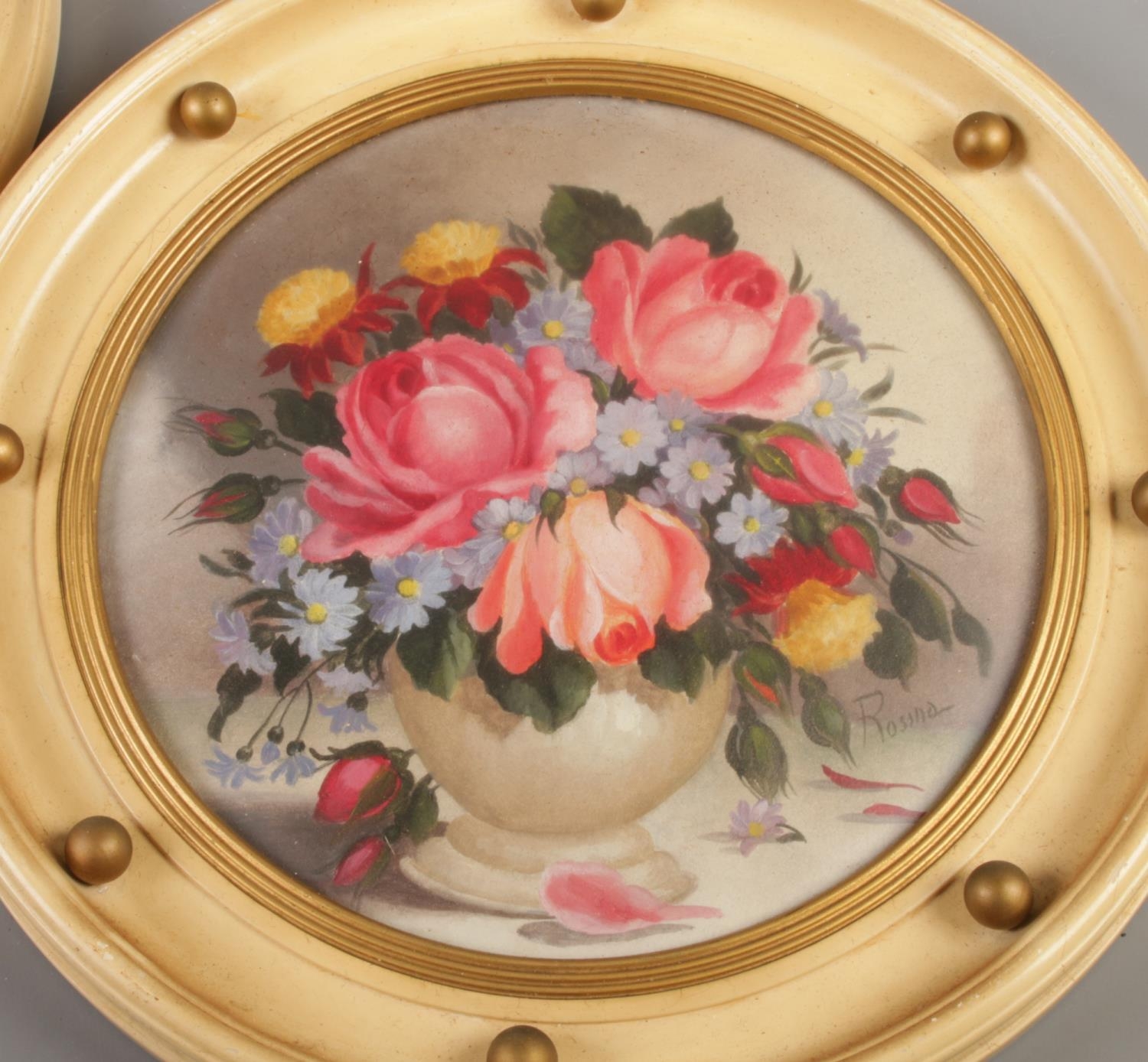 Two floral still life oil on boards, signed Rosina and Marcia, mounted in circular convex frames. - Image 2 of 3