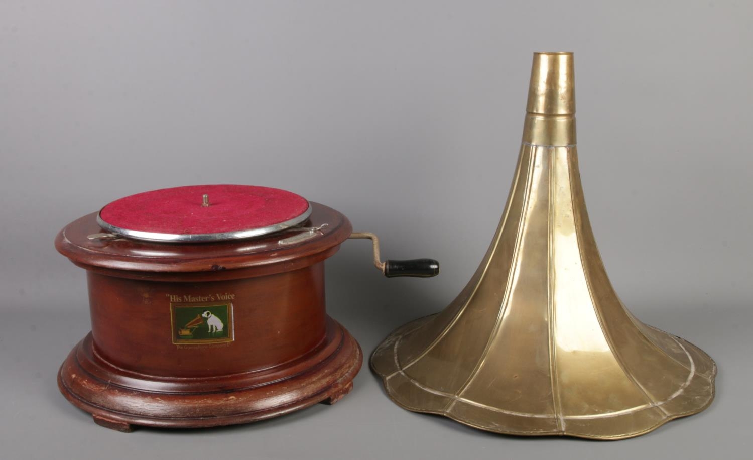 Two Vintage 'His Masters Voice' wooden gramophones on circular bases. Both with brass funnels, one - Image 2 of 3