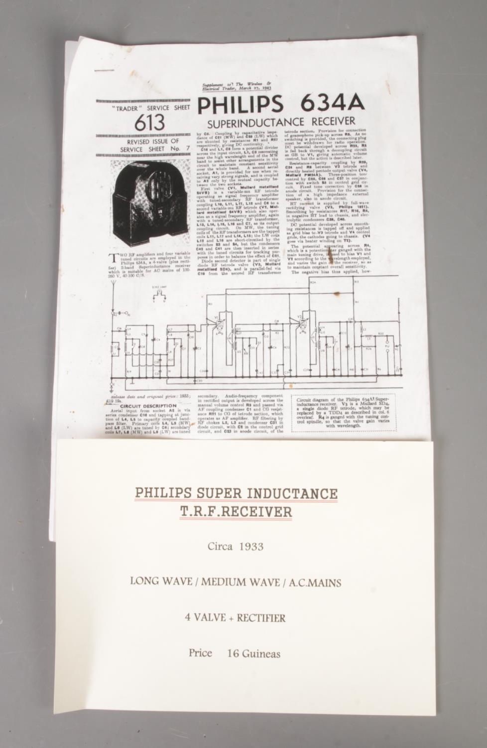 A Philips 634A Super Inductance Receiver, circa 1933, with leaflet and information card. - Image 2 of 2