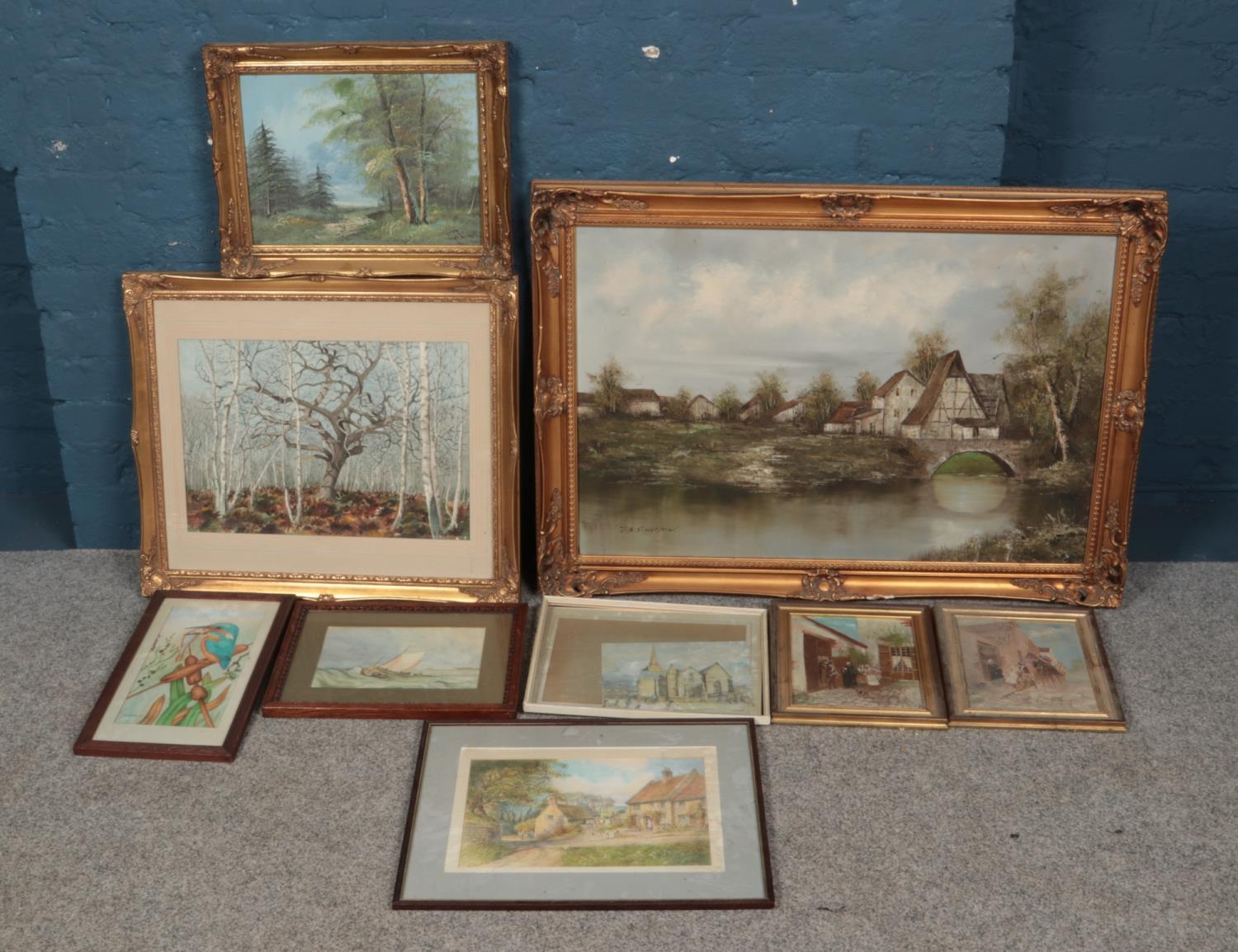 A quantity of paintings to include oil and watercolour examples. Includes J.B Schumann, Kenneth Fox,