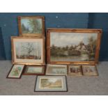 A quantity of paintings to include oil and watercolour examples. Includes J.B Schumann, Kenneth Fox,