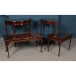 A glass topped coffee table raised on cabriole legs along with glass topped two tier corner table