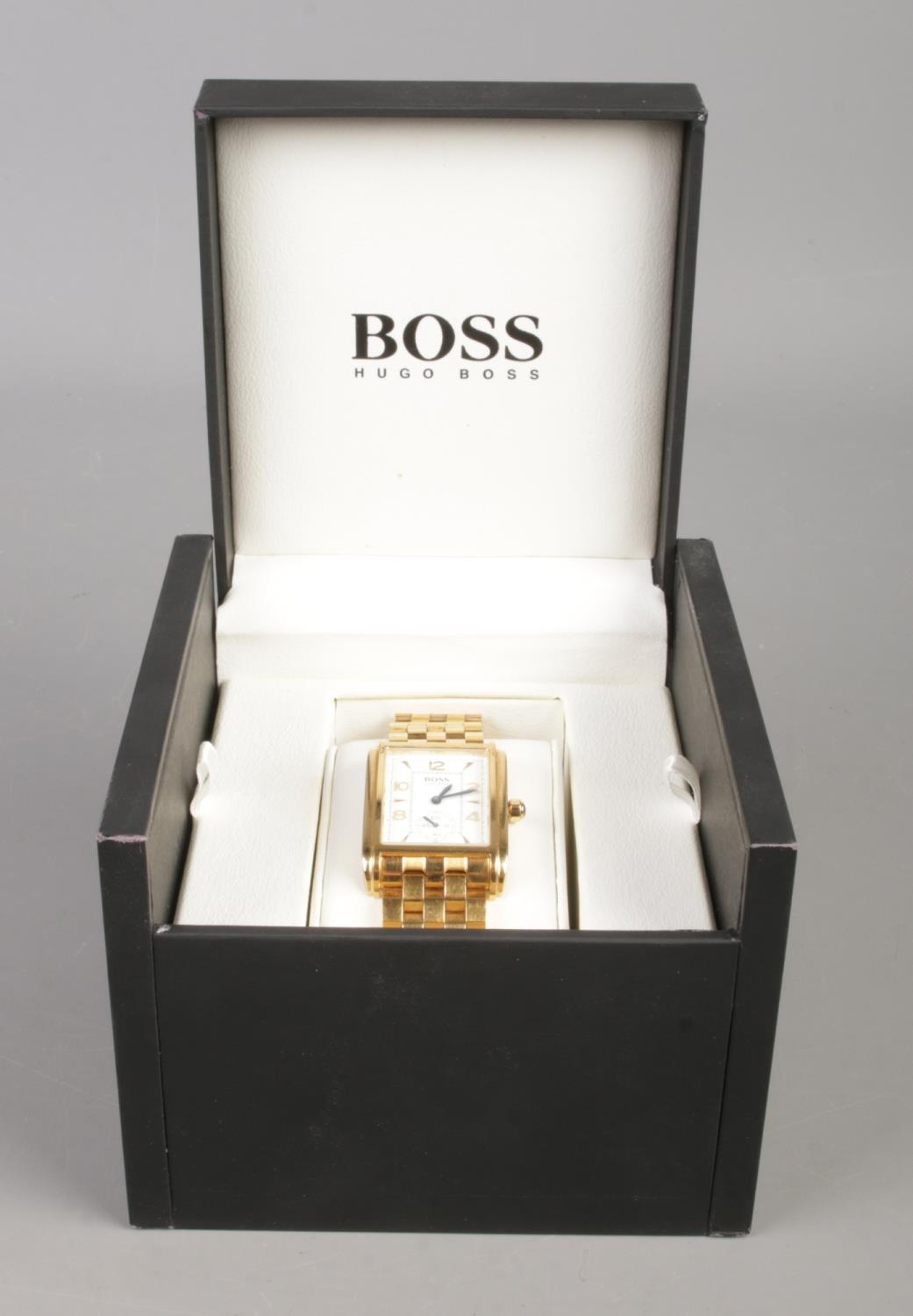 A boxed Gents Hugo Boss quartz wristwatch, on gold coloured strap, with second dial. Back plate - Image 2 of 3