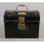 A J. Duke Ltd. Ironmongers, Grismby hinged tin lunch box, with brass handle and plaque for J.