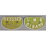 Two cast iron locomotive plates. Includes 'B430342 21T Shildon 1958 Lot No 3120' and 'LMS 16 Tons