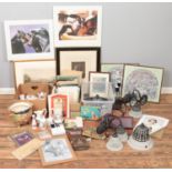 Three boxes of miscellaneous. Including pictures & prints, metal and glass lights, handbag, Disney