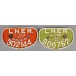 Two cast iron L.N.E.R locomotive plates. Includes '21 Tons 1947 Darlington 302144' and '40 Tons 1937