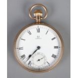 A yellow metal Omega pocket watch. With roman numeral markers. Running. Light scratching to case.