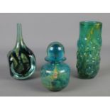 Three pieces of Mdina glassware, to include nobbly cylindrical vase and narrow neck bud vase. Signed