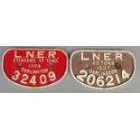 Two cast iron L.N.E.R locomotive plates. Includes '20 tons 1937 Darlington 206214' and 'Standard