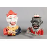 Two painted novelty money boxes, to include clown example. Both have lever at the back to move arm.