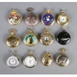 Twelve quartz pocket watches. Including bronzed Eiffel Tower and picture front examples, etc.