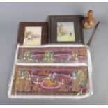 A pair of painted Indian silks along with two watercolours depicting desert landscapes, signed HA.