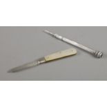 A white metal propelling pencil with bloodstone top, together with a silver bladed and mother of