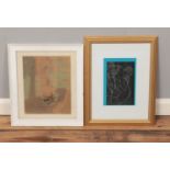 Two framed modernist pictures, to include watercolour and black and white print of a reclining nude.