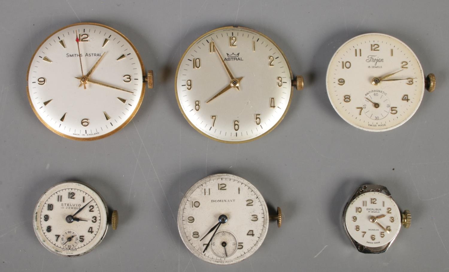 Six manual watch movements. Including Smiths Astral, Trojan, Excalibur, etc.