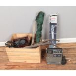 A wooden crate containing miscellaneous items to include JVC 3050UK standard UHF tuner, Plus 8x30
