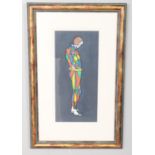 A framed coloured print on fabric of a jester with painted detailing. (37cm x 17cm