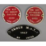 Three cast iron railway plates. Including two 'Gen Rep Re-bodied Shildon 6003 234-1978', 'Owner M.