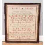 A large Victorian framed sampler; The History of the Procter Family 'Family Names' by John