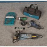 A quantity of assorted tools including Hitachi cordless drill, Kobe angle grinder, 75pc drill bit