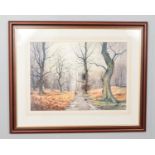 Gordon Chell, a large framed watercolour, woodland scene with figures and a dog. 42cm x 59cm.