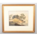 William Payne (1760-1830), a gilt framed watercolour, coastal scene with a building and figures.