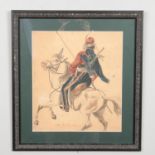 In the style of James Ensor, a framed watercolour, masked figure on horseback. 36cm x 32cm.