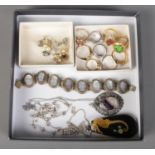 A tray of costume jewellery. Including blue john pendant on chain, dress rings, earrings, etc.